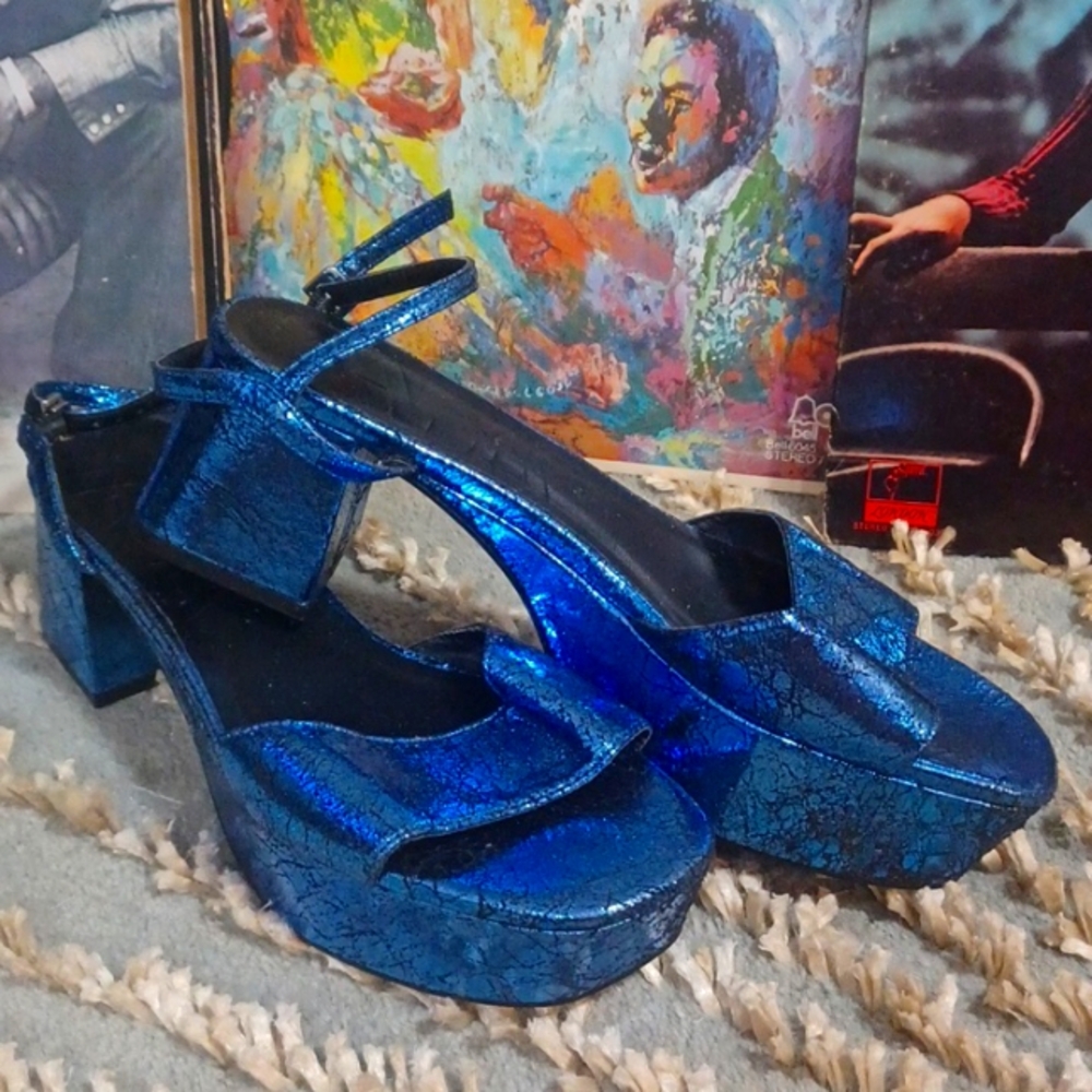 ZARA METALLIC BLUE PLATFORM SANDALS SZ.40/9